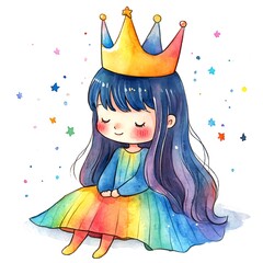 Sticker - Watercolor Illustration of a Cute Girl with a Rainbow Dress and Crown.