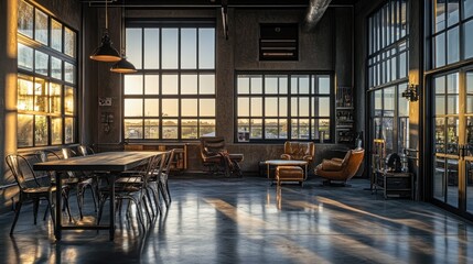 A modern, sunlit interior featuring a dining area and lounge with large windows.