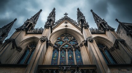 Sticker - A dramatic view of a Gothic cathedral facade under a moody sky.