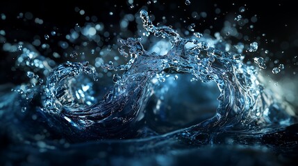 Water splashing upwards creating beautiful shapes on dark blue background