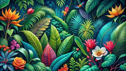 Wall Mural - Vibrant, intricate illustrations of lush rainforest flora, showcasing exotic leaves, vines, and blooms in a mesmerizing fusion of color and delicate linework.