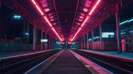 Wall Mural - A neon-lit train station platform at night, showcasing vibrant colors and empty tracks.