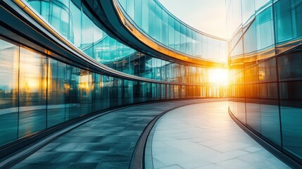 Poster - A modern architectural pathway with glass walls reflecting a sunset.