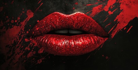 Bold red lips adorned with glitter against a dramatic black background