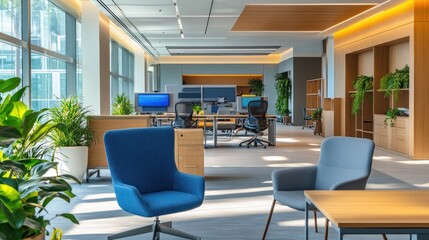 Poster - Modern office space with plants, desks, and seating for collaboration and productivity.