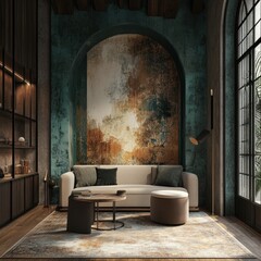 Canvas Print - A modern, stylish living room with a textured wall, cozy furniture, and warm lighting.