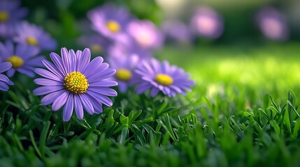 Wall Mural - Purple Aster Amellus flowers one fruit on green Korean Lawn Grass Close up No body : Generative AI