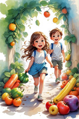 Wall Mural - Kids eating healthy breakfast in vegetables and fruits illustration. Vector Illustration Of Food Concept Design. watercolor style