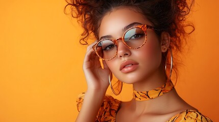 Wall Mural - Beautiful girl fashion model posing in designer clothes from the summer collection on an orange studio background Fashion photo : Generative AI