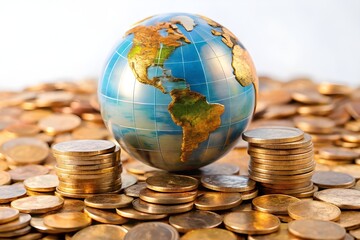 Global Finance Theme, Globe resting on coins ,Represents money and wealth concepts background
