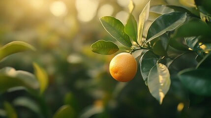 Poster - Orange tree branch with one fruit and green leaves in summer garden : Generative AI