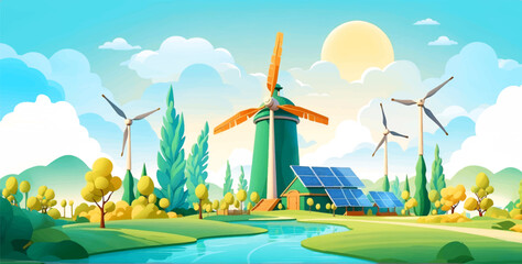 Sustainability illustration set. ESG, green energy, sustainable industry with windmills and solar energy panels. Environmental, Social, and Corporate Governance concept. Vector illustration.