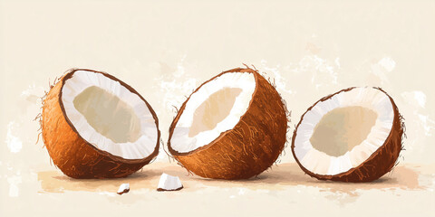 Wall Mural - Coconut pieces, lightly toasted or raw, used to add texture and flavor to desserts, sweets illustration art