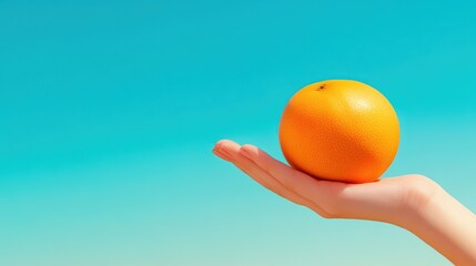 Wall Mural - A hand holding an orange against a blue sky background, AI