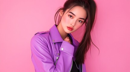 Canvas Print - Fashionable asian brunette woman in purple leather jacket and black pants posing with hair pulled back in a ponytail against a pink background : Generative AI