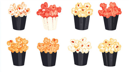 Poster - Mixed flavor popcorn pieces arranged neatly in small groups across a flat surface, sweets illustration art