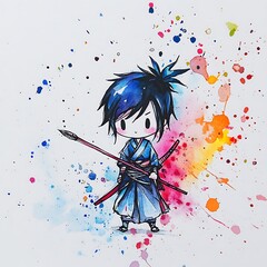 Poster - Watercolor Illustration of a Samurai Warrior with Splashes of Color.