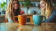 © The Little Hut - Cozy morning girls friends talking over a cup of coffee in a bright kitchen Two women spend time peacefully on a sunny day with mugs of tea : Generative AI