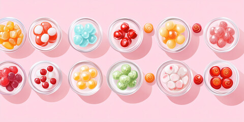 Poster - Specialty candies placed evenly in a container, showing a variety of sizes and shapes, sweets illustration art