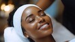 © The Little Hut - Young african american woman smiling confident having facial treatment at beauty center : Generative AI
