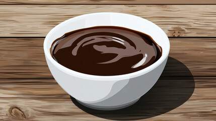 Poster - White ceramic bowl with generous portion of chocolate sauce on wooden surface, sweets illustration art