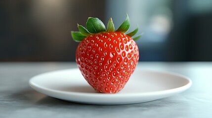 Poster - one juicy strawberry on a white plate : Generative AI