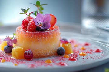 Canvas Print - Delicious Dessert with Fruit and Flowers