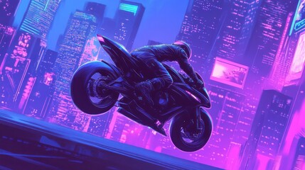 Wall Mural - A futuristic motorcycle rider leaps over a cityscape illuminated by neon lights.