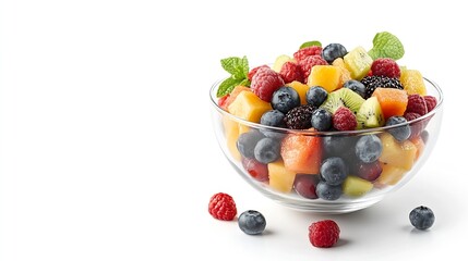 Poster - Tasty fruit salad in bowl isolated on white : Generative AI
