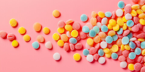 Close-up of flavored candies organized into small piles with consistent spacing between each, sweets illustration art