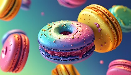 Wall Mural - Levitating Rainbow Macarons in a Mesmerizing Display of Gradient Hues and Intricate Inking Through Digital Art Techniques