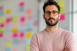 © Vilaysack - Confident young man wearing glasses stands with arms crossed in front of a brainstorming board covered with colorful sticky notes, symbolizing creative thinking and planning.