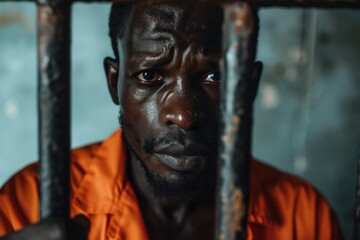 A black male inmate in an aged orange uniform stands behind metal bars, gazing steadily at the camera. He serves a term of imprisonment in a detention facility