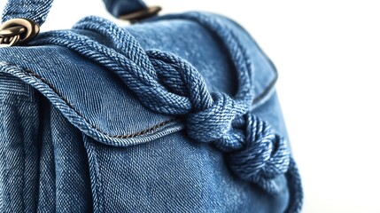 Poster - Beautiful mediumsized womens handbag made of blue denim on a denim strap with knots isolated on a white background : Generative AI