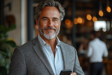 Canvas Print - Smiling businessman holding a smartphone.