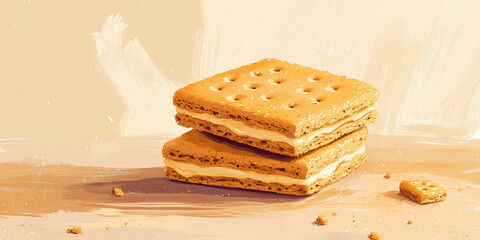 Poster - Ground graham crackers with butter forming a crumbly sweet crust for desserts, sweets illustration art