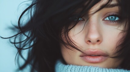 A portrait of a woman in winter attire, wrapped in a cozy knit turtleneck with tousled hair, conveys warmth and introspective composure against a cool backdrop.