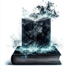 A floating magical book with swirling energy, fantasy object, surreal design, blue and silver, isolated on white background