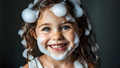 Wall Mural - Joyful girl enjoying a playful face wash, soap foam adorning her smile, radiating innocence and happiness in a whimsical AI-generated scene.