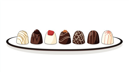 Wall Mural - Row of artisanal chocolates displayed on a clean plate, sweets illustration art