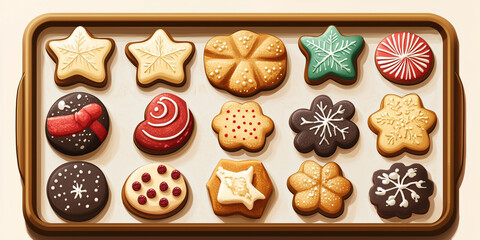 Poster - Selection of decorated cookies symmetrically arranged on a tray, sweets illustration art