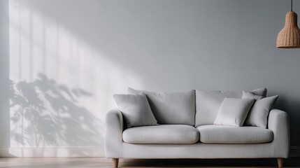 A minimalistic modern living room featuring a comfortable grey upholstered sofa with sunlight streaming in and a hanging wicker lamp, creating a serene and inviting atmosphere.