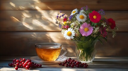 Wall Mural - Still life with meadow flowers bouquet berries and cup of tea in natural light vivid wild flowers berries in background of wooden wall close up view : Generative AI