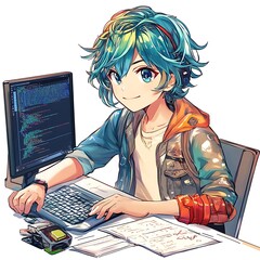 anime programmer working on code with a laptop.