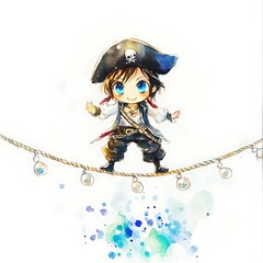 Wall Mural - Adorable Cartoon Pirate Balancing on a Rope with Pearls.