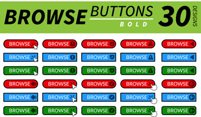 Complete set of professional browse buttons with hand pointer, arrow pointer and other related icons in bold design