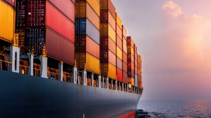 A close-up image of a large ship carrying an array of colorful cargo containers under the soft evening sky, depicting the robustness and variety in global shipping and trade.