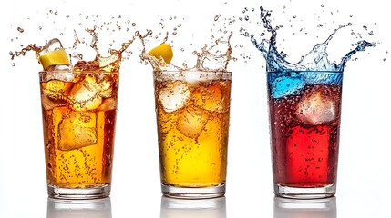 Three glasses with various motley splashing beverages Isolated on white with clipping path : Generative AI