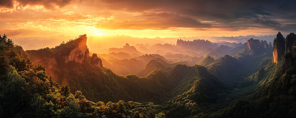 A vibrant sunset over Zhangjiajie, casting golden light across the dramatic landscape of peaks and valleys