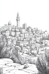 Jericho, West Bank, black and white pen pencil hand-drawn effect portrait drawing illustration for travel poster, card, wallpaper, backdrop or banner. Modern, clear, artistic and simple